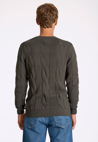 Musta vihreä neulepaita, jossa on teksturoitu pinta, ribbauspäät ja helma; yhdistettynä sinisiin farkkuihin. Näkymä takaa.