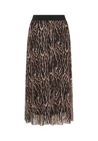 Lang plisseret nederdel med sort elastisk talje og leopardprint i nuancer af brunt, beige og sort.