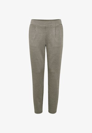 Grau-schwarze karierte Hose, mit tailliertem Schnitt, flachem Bund, seitlichen Taschen und schmalen Beinen. Hergestellt aus einem strukturierten Stoff.