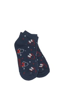Calzini alla caviglia blu scuro con pois rossi e bianchi e un motivo a forma di fiocco e orecchie. Realizzati in un materiale morbido ed elastico.