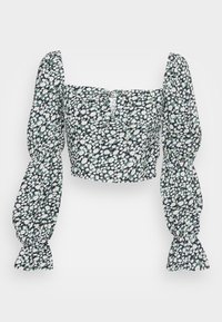 Top cropped com mangas bufantes, fundo escuro estampado com pequenas margaridas brancas e detalhes em verde. Apresenta um decote quadrado e detalhes em botão.