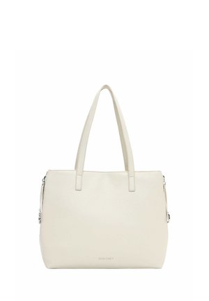 Borsa color crema con due spallacci, forma rettangolare e texture sottile, con piccolo nome del marchio impresso vicino al centro in basso.