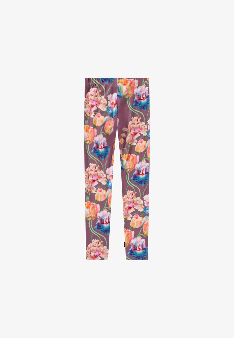 Leggings florais com fundo roxo, adornados com padrões de flores grandes e coloridas nas cores rosa, azul e verde, feitos de tecido suave.