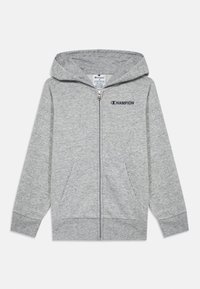 Sudadera con cremallera gris, hecha de una tela suave, que incluye una capucha, dos bolsillos frontales y un pequeño logo bordado de "CHAMPION" en el pecho.