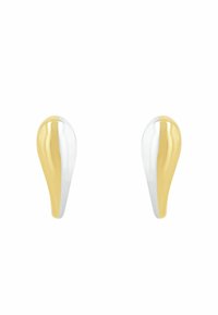 Pendientes en forma de lágrima de oro y plata con un acabado pulido, que presentan un diseño suave y bicolor que se estrecha en la parte inferior.