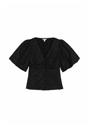 Svart kortärmad blus med puffärmar, texturerat blommönster och V-ringning med lätt rynkning i mitten fram.