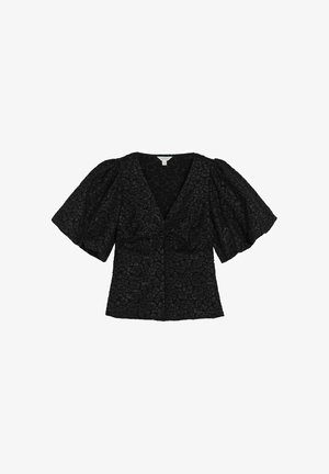 Mustapaitapaita, jossa on lyhyet hihat ja puffihihat, teksturoitu kukkakuosi ja V-mallinen kaula-aukko, jossa on kevyt rypytys etupuolella.