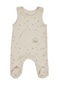Beige baby romper with brown paw prints, snap buttons on shoulders, front pocket, and small dog face embroidery on pocket.