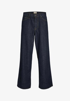 Jeans a gamba larga di un blu scuro, realizzati in denim, con zip frontale, cinque tasche e cuciture a contrasto. Gli orli sono grezzi.