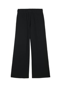 Schwarze weit geschnittene Hosen aus weichem Stoff mit einem elastischen Bund. Sie verfügen über ein einfaches Design und eine lockere Passform, die sich gut für legere Anlässe eignet.