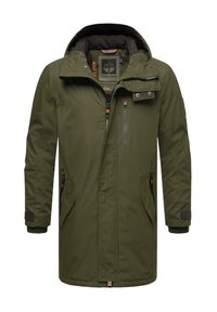 Olive green insulated parka with a hood, front zipper, side pockets, and adjustable cuffs, featuring a soft interior lining and multiple zippered details.