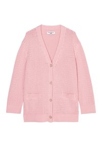 Růžový pletený kardigan s výstřihem do V, zapínáním na knoflíky, dlouhými rukávy a dvěma předními kapsami. Disponuje prodyšnou, otevřenou pleteninou.