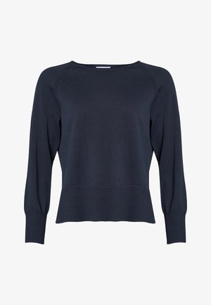 Tumši zila džemperis ar apaļu kaklu, garām pūkainām piedurknēm un ribām piedurkņu galiem. Piedāvā fakturētu adījuma dizainu apakšmalā.