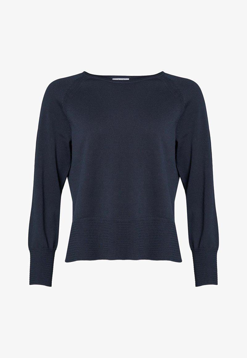 Tume sinine pullover kampsun ümar kaelusega, pikkade põrkvarrukatega ja soonikkäistega. Ääris on tekstuurse kootud mustriga.