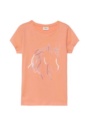 T-shirt pêche à manches courtes pour enfants avec un contour en sequins de tête de cheval sur le devant.