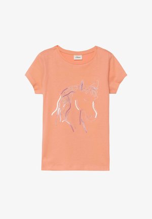 Kinder T-Shirt in Pfirsich mit kurzen Ärmeln und einem Paillettenumriss eines Pferdekopfs auf der Vorderseite.