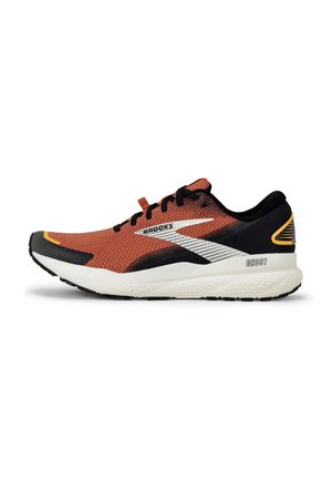 Herren-Laufschuh mit Obermaterial aus Mesh in verbranntem Orange und Schwarz, weißen Akzenten, gepolstertem Sohle und Gummiaußensohle für Traktion.