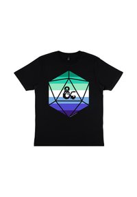 Czarna koszulka z geometrycznym wzorem w odcieniach teal, zieleni i niebieskiego, z centralnym logo smoka w czarnej obwódce.