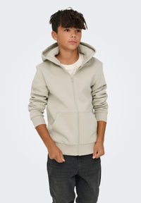 Garçon portant un hoodie zippé beige clair avec les mains près des poches, associé à un jean foncé, se tenant devant un fond clair.