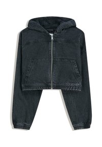 Črna skrajšana denim kapuca z sprednjim zadrgo, žepom, dolgimi rokavi, elastičnimi manšeti in pritrjeno kapuco.