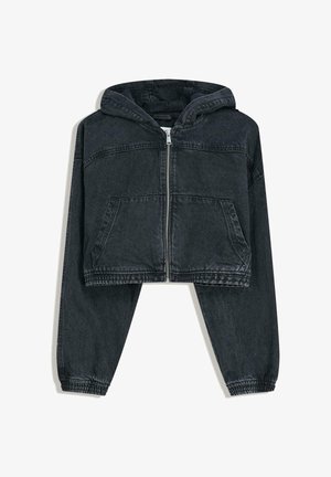Cappuccio in denim nero tagliato, con zip frontale, tasca a marsupio, maniche lunghe, polsini elasticizzati e cappuccio attaccato.
