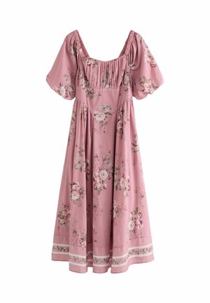 Rosa geblümtes Kleid mit eckigem Ausschnitt, kurzen Puffärmeln, gerafftem Oberteil und einem abgestuften Saum mit weißen Streifenakzenten.