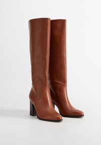 Bottes montantes en cuir marron à texture lisse, bout pointu, et talon haut épais. Design simple sans ornements supplémentaires.