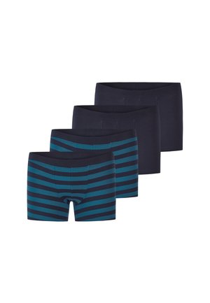 Fire herreboxershorts i marineblå, to ensfarvede og to med turkise vandrette striber, arrangeret i en forskudt række.
