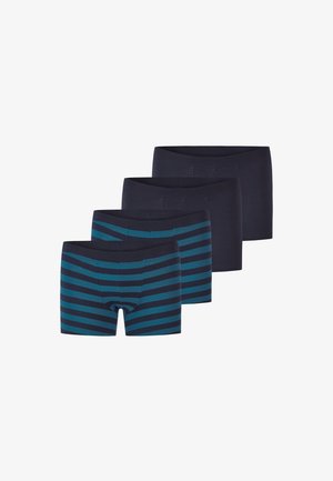 Quatre boxers pour hommes en bleu marine, deux unis et deux avec des rayures horizontales turquoise, disposés en rangée décalée.