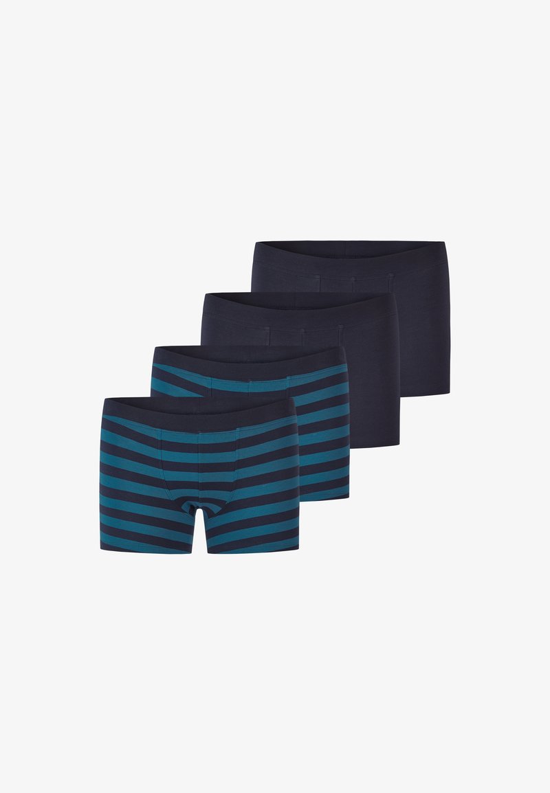 Quatre boxers pour hommes en bleu marine, deux unis et deux avec des rayures horizontales turquoise, disposés en rangée décalée.