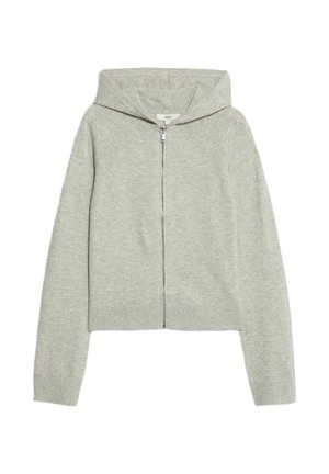 Hellgrauer Hoodie, mittellang, mit einem Reißverschluss vorne, gerippten Bündchen und Saum sowie einem einzelnen Logodetail nahe der Schulter. Weiche, gestrickte Textur.