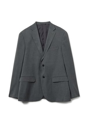 Blazer gris hecho de tela texturizada, con cierre frontal de dos botones, solapas con muesca y dos bolsillos delanteros. Interior forrado en un tono más oscuro.