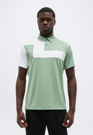 Un homme portant un polo vert avec une bande blanche horizontale et aux manches, debout les bras détendus devant un fond uni.