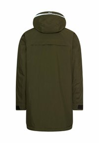 Olivengrønt isoleret parka med hætte, der har en glat tekstur, justerbare manchetter med velcro og en robust lynlås bagpå.