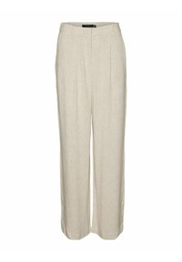 Jasno beżowe lniane spodnie w szerokim kroju z fałdami z przodu, o gładkiej teksturze i klasycznym pasie.