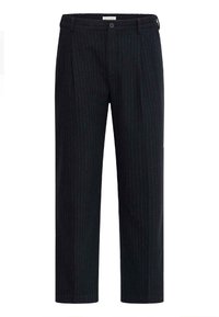 Donker gestreepte broek met een recht model, knoopsluiting en nette plooien, gemaakt van een gestructureerde stof.