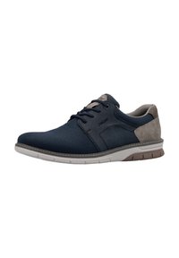 Baskets de sport bleues avec une tige en tissu texturé et des accents en daim. Comprend un design épuré, un système de laçage et une semelle en caoutchouc.