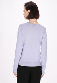 Maglione a maniche lunghe di un leggero viola, realizzato in un materiale morbido, con scollatura arrotondata e orlo a coste, visto da dietro.