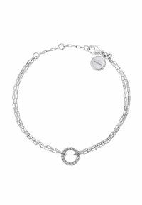 Pulsera de cadena de plata con un diseño de doble eslabón, centrada con un círculo adornado con cristales redondos. Incluye un cierre de langosta.