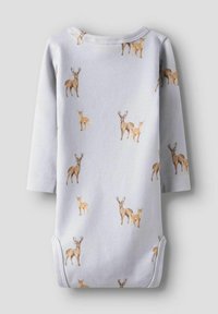 Body a maniche lunghe per neonati in cotone grigio chiaro con un motivo ripetuto di cervi in beige e marrone. Caratterizzato da un collo rotondo e chiusura a scatto sul fondo.