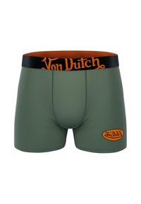 Boxer-briefs verts avec une coupe ajustée. Présente une taille noire avec le logo orange "Von Dutch" et une doublure intérieure orange.
