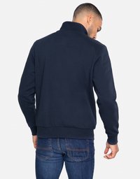 Marineblaue Herren Sweatjacke mit Reißverschluss, hohem Kragen, gerippten Bündchen und Saum sowie glatter Textur. Die Rückansicht zeigt ein einfaches Design ohne sichtbare Logos.