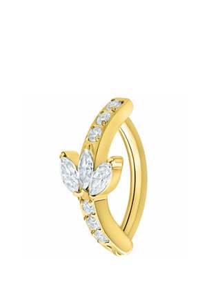Goldener Creolen-Ohrring mit markanten und runden klaren Edelsteinen, die in einem Blumenmuster und entlang der äußeren Kurve angeordnet sind.