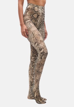 Κολάν με ψηλή μέση, κατασκευασμένα από ελαστικό υλικό που μοιάζει με δέρμα, με ρεαλιστικό σχέδιο φιδιού σε αποχρώσεις καφέ και μπεζ.