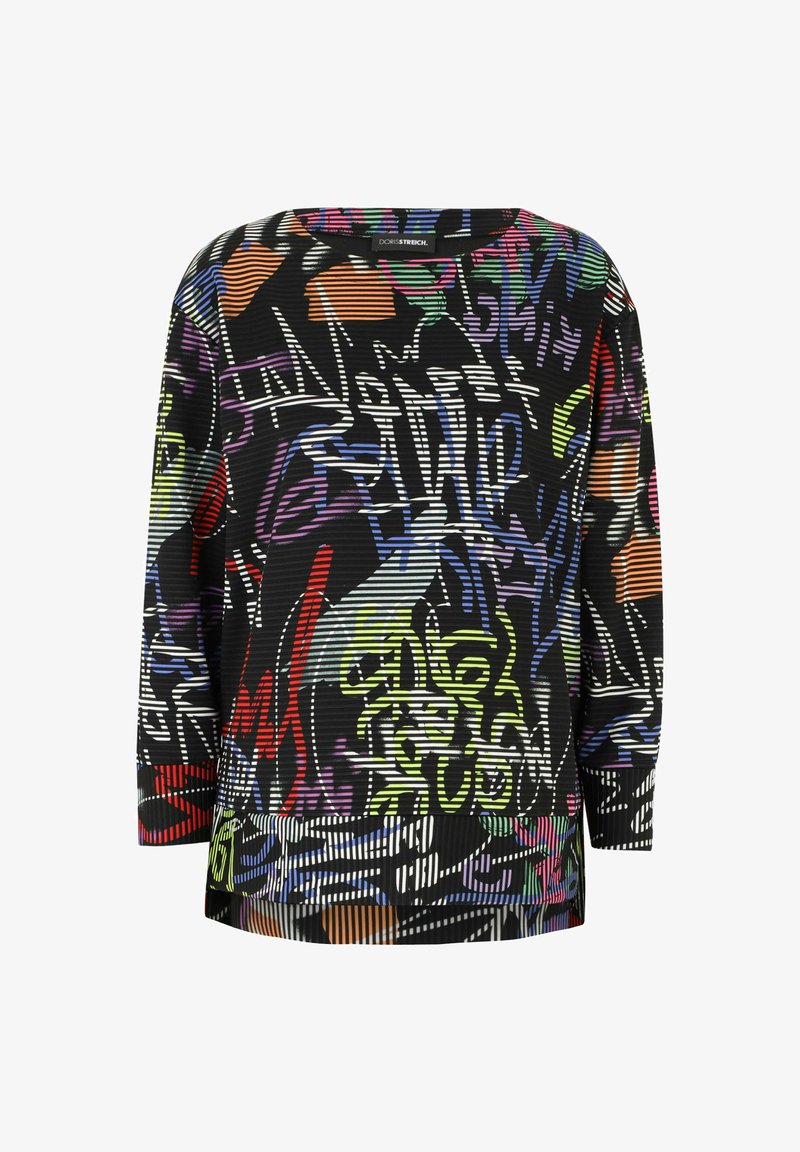 Schwarzer Pullover mit bunten Graffiti-Mustern. Verfügt über lange Ärmel und strukturierte Rippbündchen für zusätzlichen Detailreichtum.