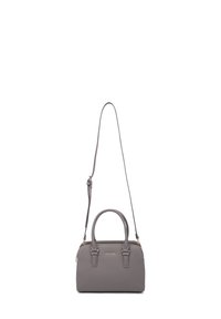 Sac à main synthétique gris avec double poignée, bandoulière amovible, fermeture éclair et quincaillerie dorée discrète. Forme rectangulaire compacte.