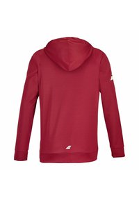 Rød langærmet hoodie med et lille hvidt logo nær bunden af kanten, vist fra ryggen på en hvid baggrund.