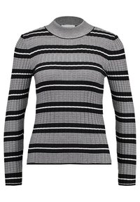 Pull à manches longues rayé noir et blanc avec une texture côtelée et un col montant. Présente des rayures alternées larges et étroites.