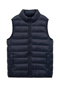 Granatowa kamizelka puchowa z wysokim kołnierzem, przednim zamkiem błyskawicznym i bocznymi kieszeniami. Tkanina ma gładką teksturę i posiada pikowane, wypełnione sekcje.