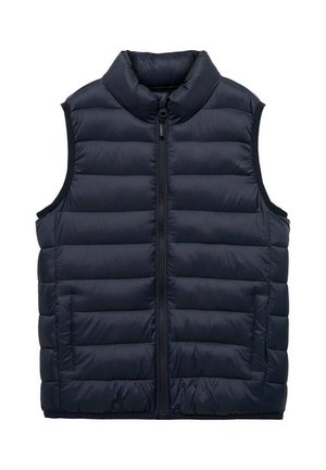 Mörkblå pufferväst med hög krage, dragkedja fram och sidofickor. Tyget har en slät yta och har kviltade, vadderade sektioner.